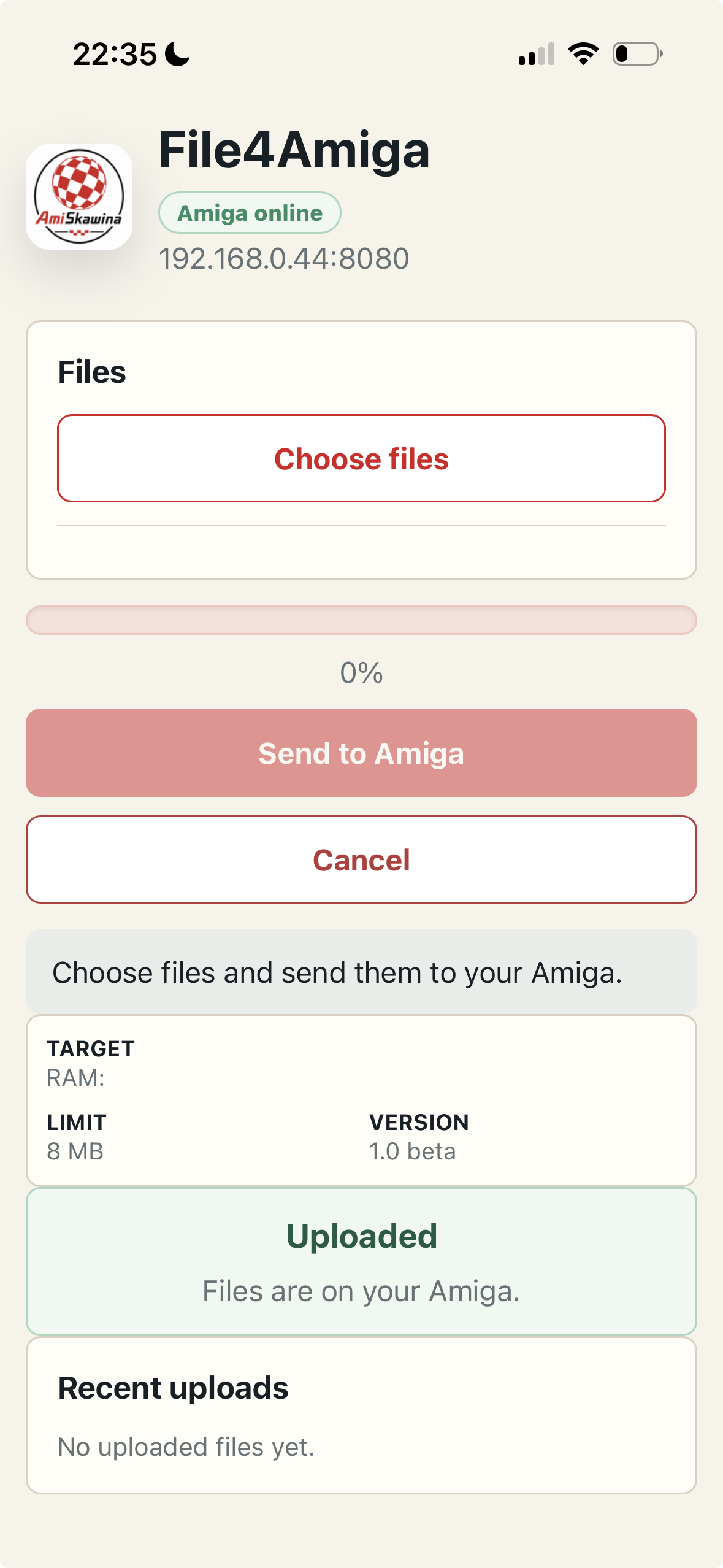 Zrzut ekranu aplikacji web File4Amiga na telefonie